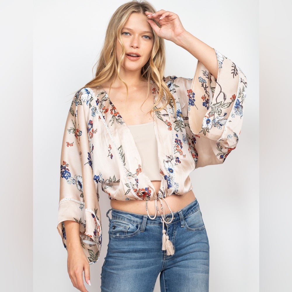 Floral Beige Women's Crop Front Tie Top - Picture 5 of 9